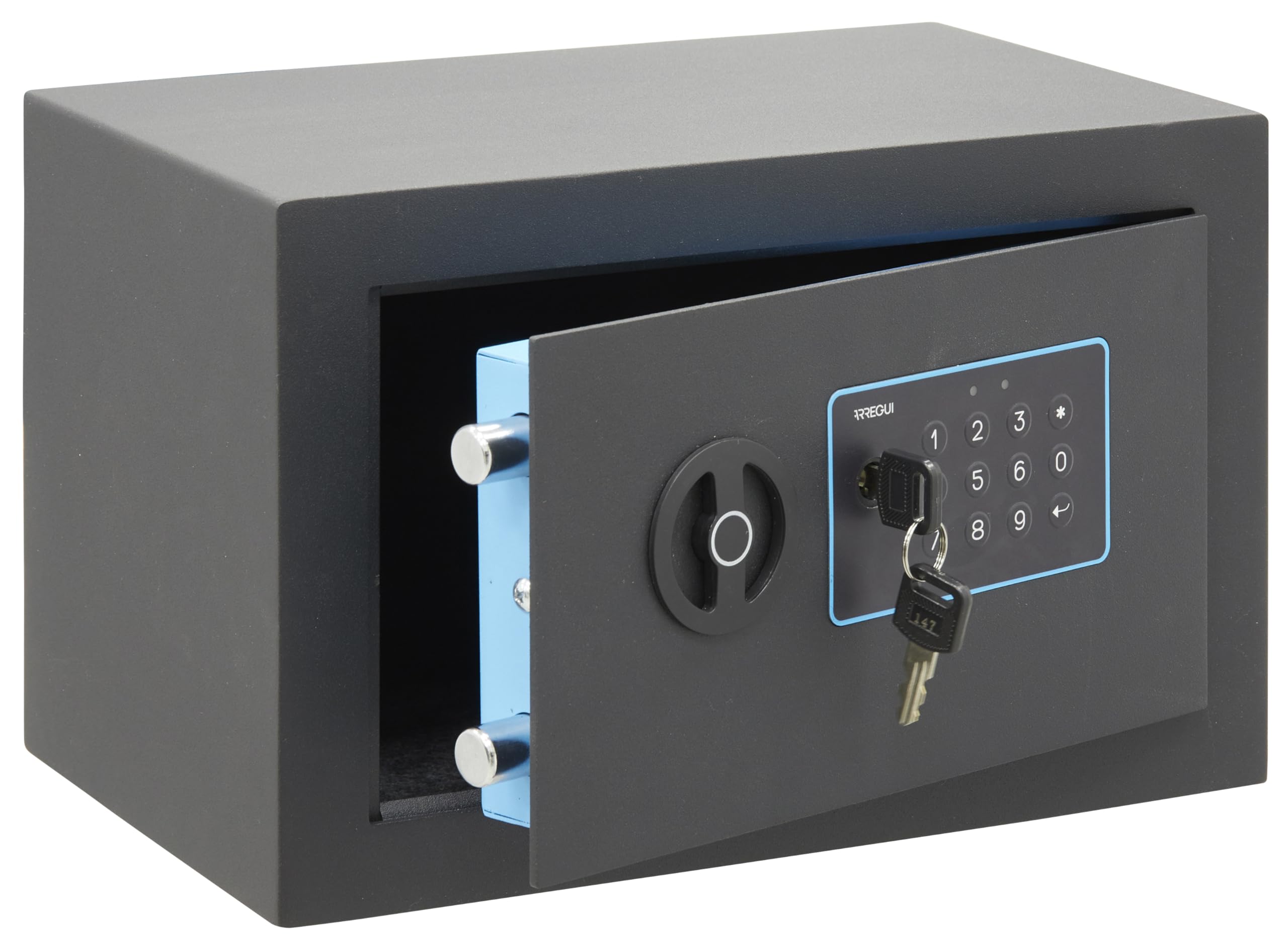 ARREGUI Blue 650110 Coffre-fort en acier avec serrure électronique à code | 20x31x20 cm | 10 L | Coffre fort de sécurité pour la maison | Clavier à code programmable | Clé d'ouverture d'urgence | gris