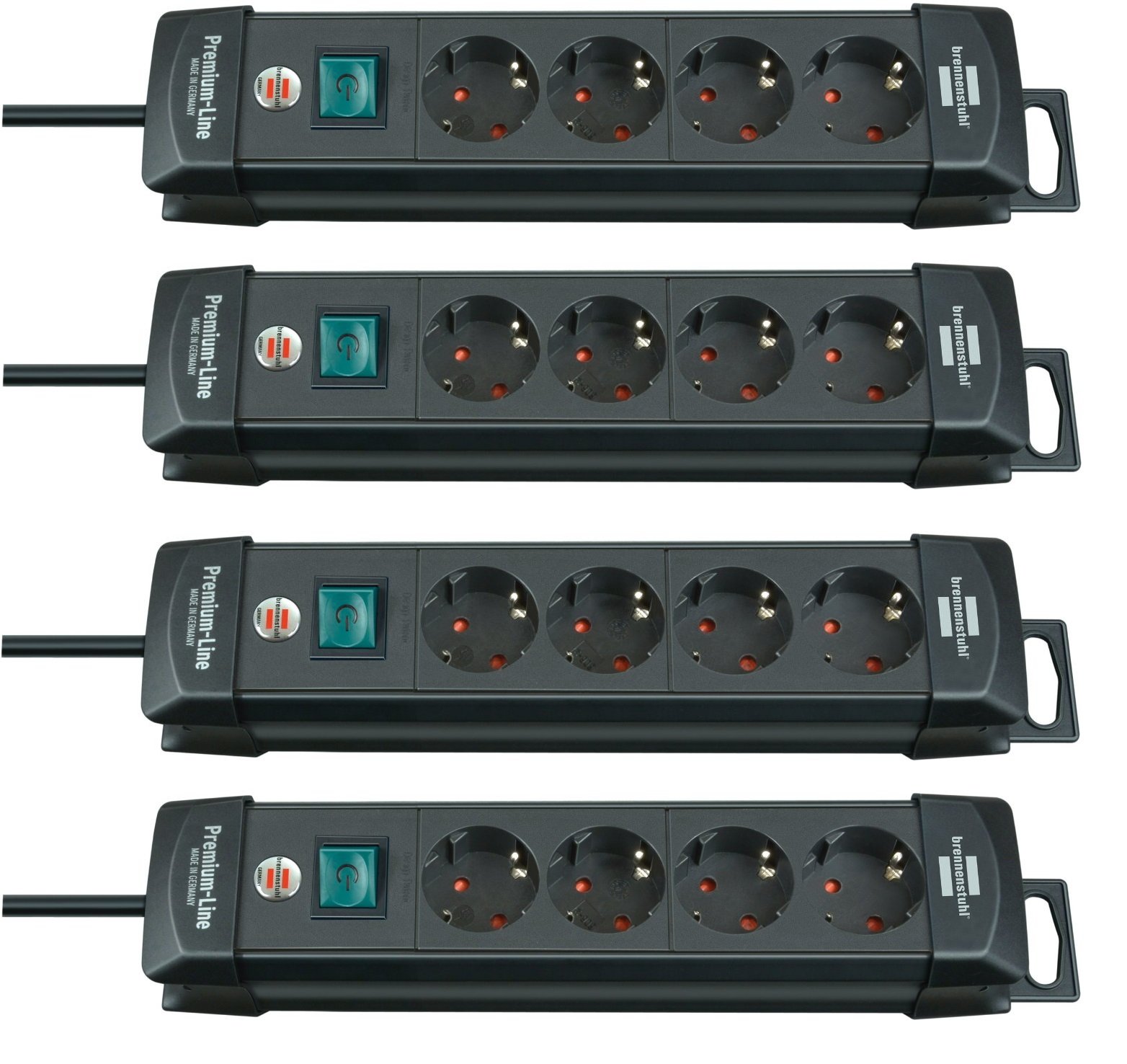 Brennenstuhl 4er Pack Premium-Line Steckdosenleiste 4-Fach (Mehrfachsteckdose mit Schalter und 1,8m Kabel -45° Winkel der Schutzkontakt-Steckdosen, Made in Germany) schwarz
