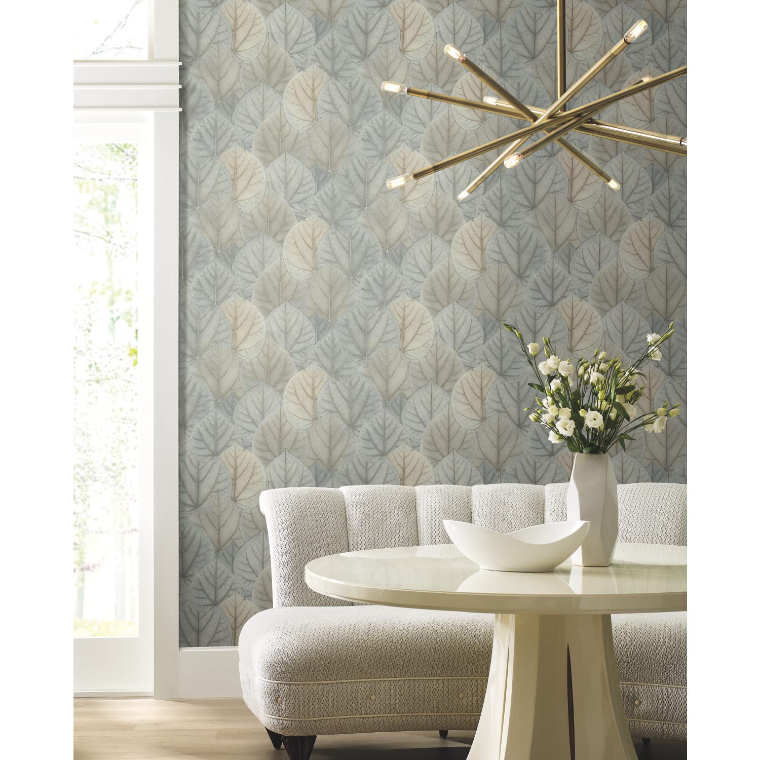 York WallcoveringsCandice Olsen PSW1426RL Blue and Taupe Leaf Concerto Peel and Stick Wallpaper