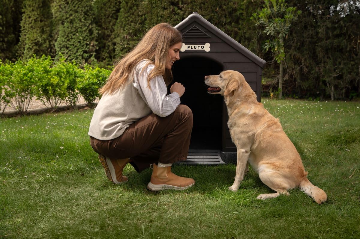 CURVER Caseta de Perro marrón grande, incluye cojín, cortina y etiqueta con nombre - Fabricada en resina 99Wx99LxH95 cm