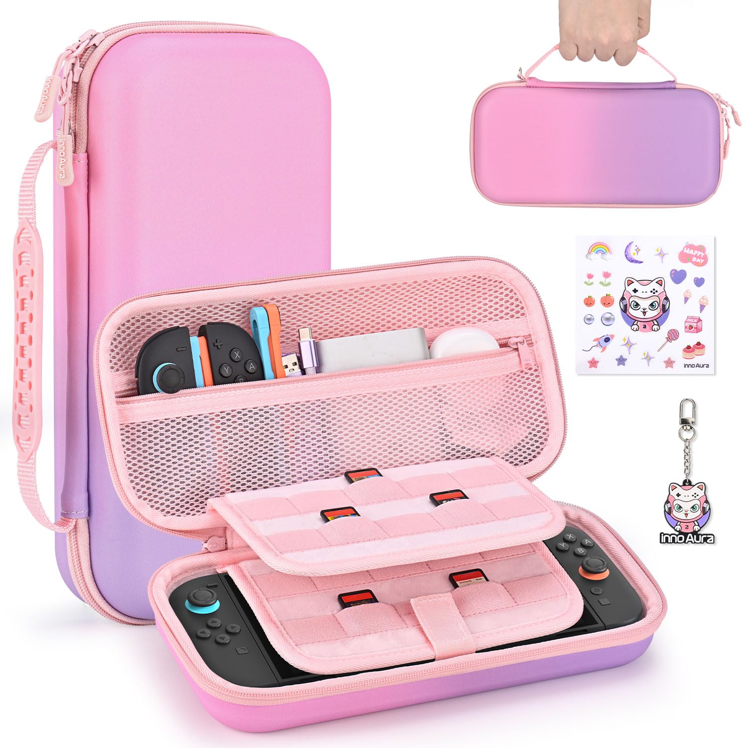 innoAura Switch 2 Tasche, PU Spritzwasserabweisende und Stoßdämpfende Switch 2 Case, Extra Große Netztasche, Doppelreißverschluss, mit AirTag-Fach (Nicht Enthalten), Rosa-Violett