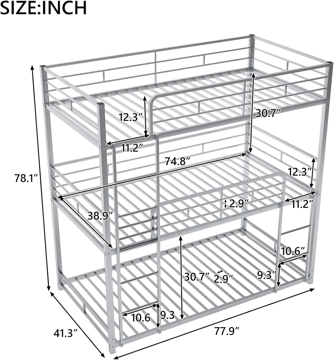 Metal Triple Bunk Bed Twin Over Twin Over Twin Bunk Beds for 3 Kids, Teens, Girls, Boys, Silver