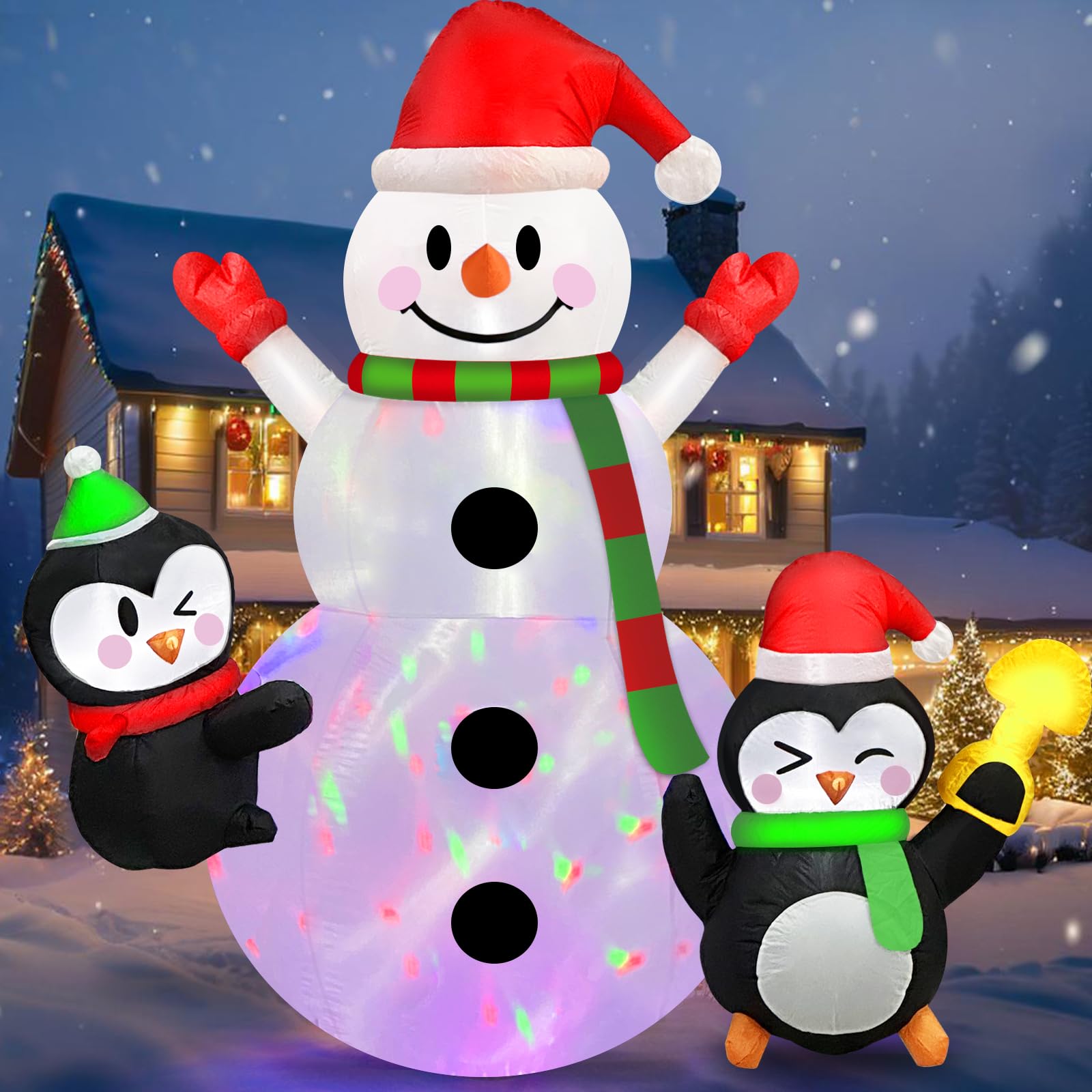 Danxilu 7ft Christmas Inflatables Snowman and 2 Penguins with Colorful ...