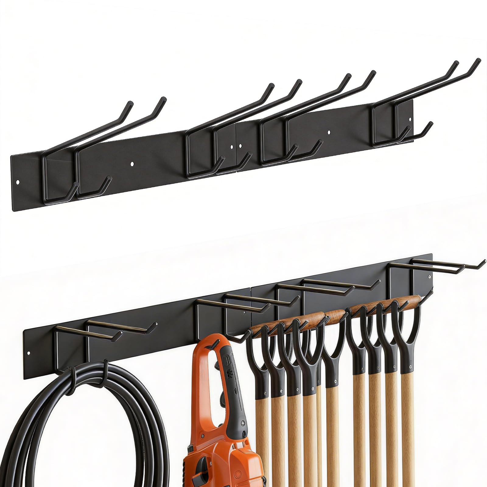 Hejo 2 Stück Gerätehalter Besenhalterung Wand, Gartengeräte Halterung, Schaufelhalter, Stabiler Metall Werkzeughalter Gartengerätehalter mit 150 kg Tragkraft für Garage Garten Keller (Schwarz)