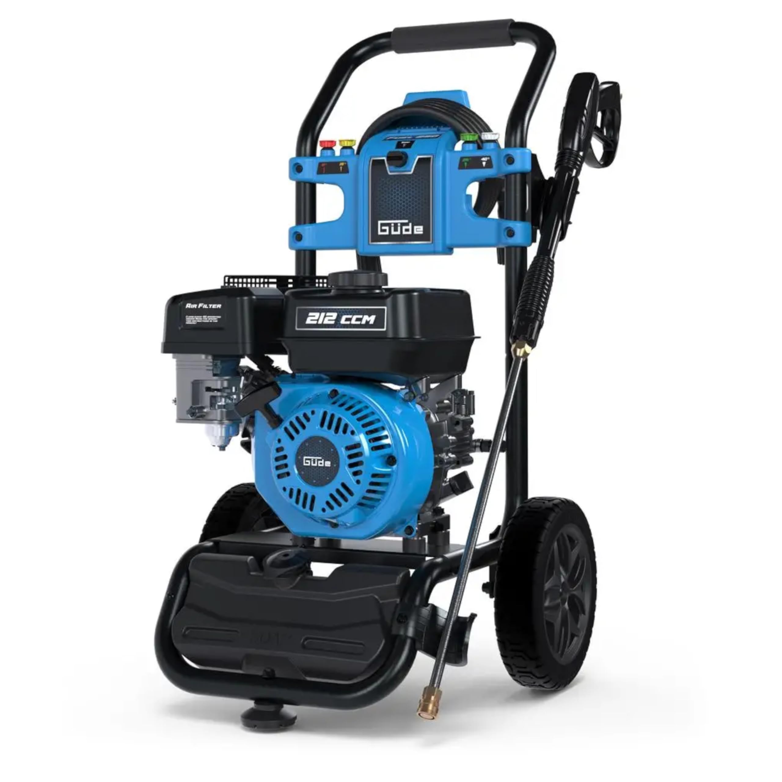 GÜDE Gasolina Hidrolimpiadora Fuel 250 – 234 Bar presión de Trabajo, 590 l/h, Motor de 4 Tiempos, Manguera de 9 m, depósito de detergente, 5 boquillas