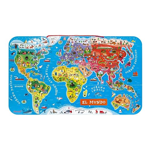 Janod - Puzzle magnético Mapa del Mundo en madera- 92 piezas magnéticas - 70 x 43 cm - Versión Española