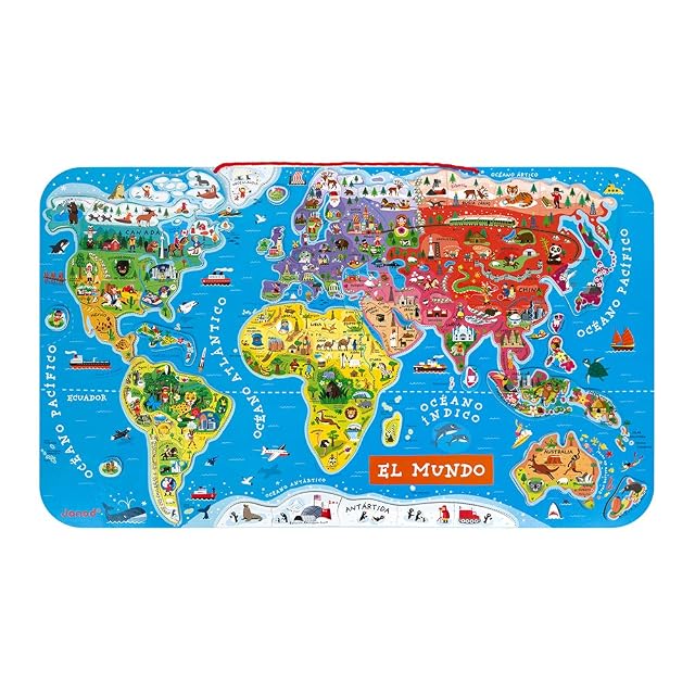 Janod - Puzzle magnético Mapa del Mundo en madera- 92 piezas magnéticas - 70 x 43 cm - Versión Española