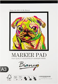 Bianyo XL Bleedproof Marker Paper Pad, A3(11.69X16.54), 50 Sheets, 18 LB / 70 GSM, Glue-Bound, 100% Cotton, White, Ideal for Use with Markers and Ink Mediums