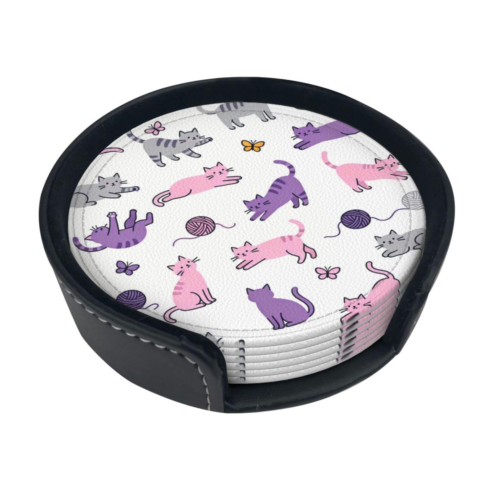Cute kitten Leather Coasters-Set of 6 with Storage Holder