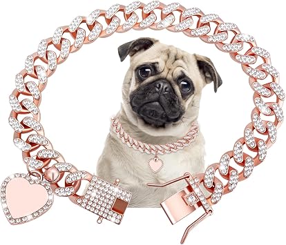 Cuban Dog Chain with Pet ID Tag, Bling Crystal Choke Collar Dog Metal Training Chain Walking Necklace for Small Medium Large Dogs Cats