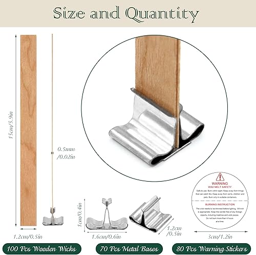 Miniatura 2 de ZYNERY Juego de 250 mechas de vela de madera, mecha de vela de 5.9 x 0.5 pulgadas con etiquetas de advertencia de base de metal, mechas de madera