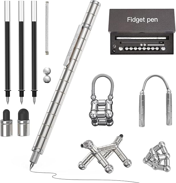 Fidget Pen Magnetic, Magnetic Ballpoint Pen Decompression Magnet, Magnetic Metal Ball Pen, Magnetic Multichrome Pen, Magnet Writing Pen Stress Relief Toys Gift for Kids, Friends, Adults (Silver)