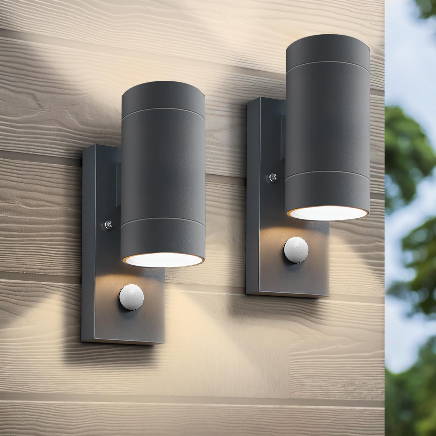 Aplique Pared Exterior de Aluminio con Sensor de Movimiento | Lampara de Pared Exterior, IP65 Luz Exterior Pared GU10 Arriba y Abajo, para Jardín, Patio, Porche, Antracita, 2 Piezas