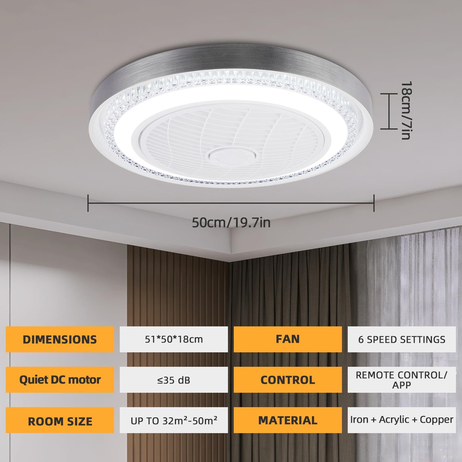 Lampara de techo con Ventilador | 3000K-6500K Plafon LED | Ø50cm Ventiladores Techo con Luz y Mando, 6 Velocidades, Tiempo, Silencioso, LED Ceiling Fan with light para Dormitorio Cocina Salon