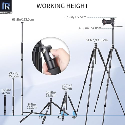 Miniatura 6 de INNOREL RT45A - Trípode para cámara profesional 6061, aleación de aluminio, compacto, portátil, trípode fotográfico, monopie para cámara réflex