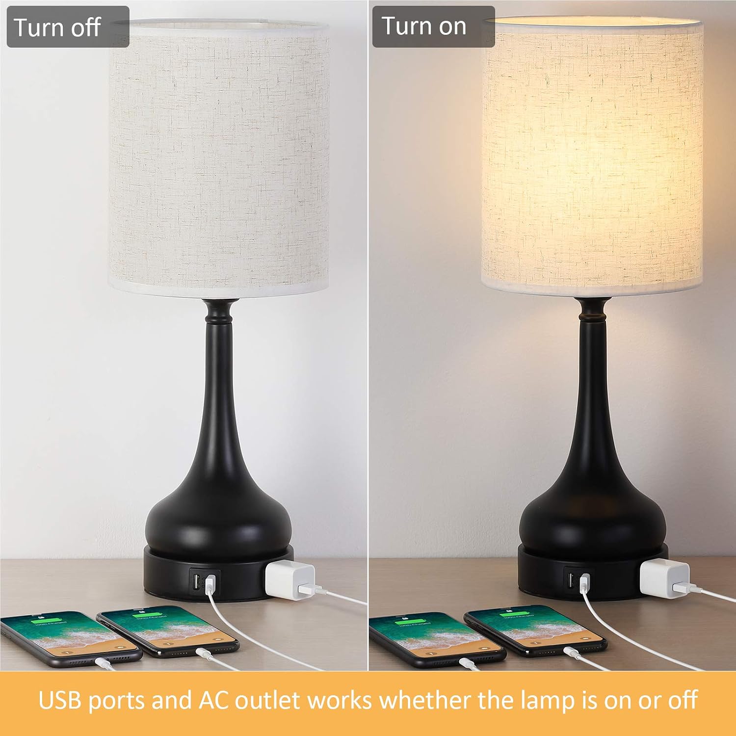One-Day Sale: Up to 60% Off Touch Control Table Lamps Set of 2, 3-Way Dimmable Nightstand Lamp with 2 USB Charging Ports and AC Outlets, Bedside Lamp with Round Flaxen Fabric Shade for Bedroom Living Room Office, Black