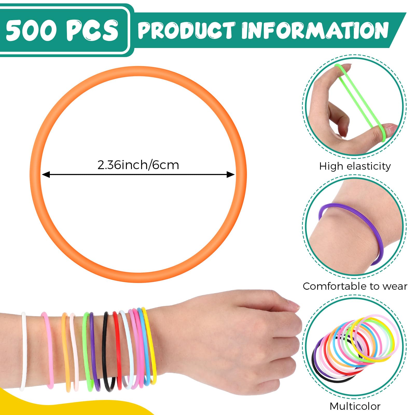 Nuenen Lot de 500 bracelets colorés en gel de silicone non lumineux fluo des années 80 pour adultes et femmes - Accessoires de fête