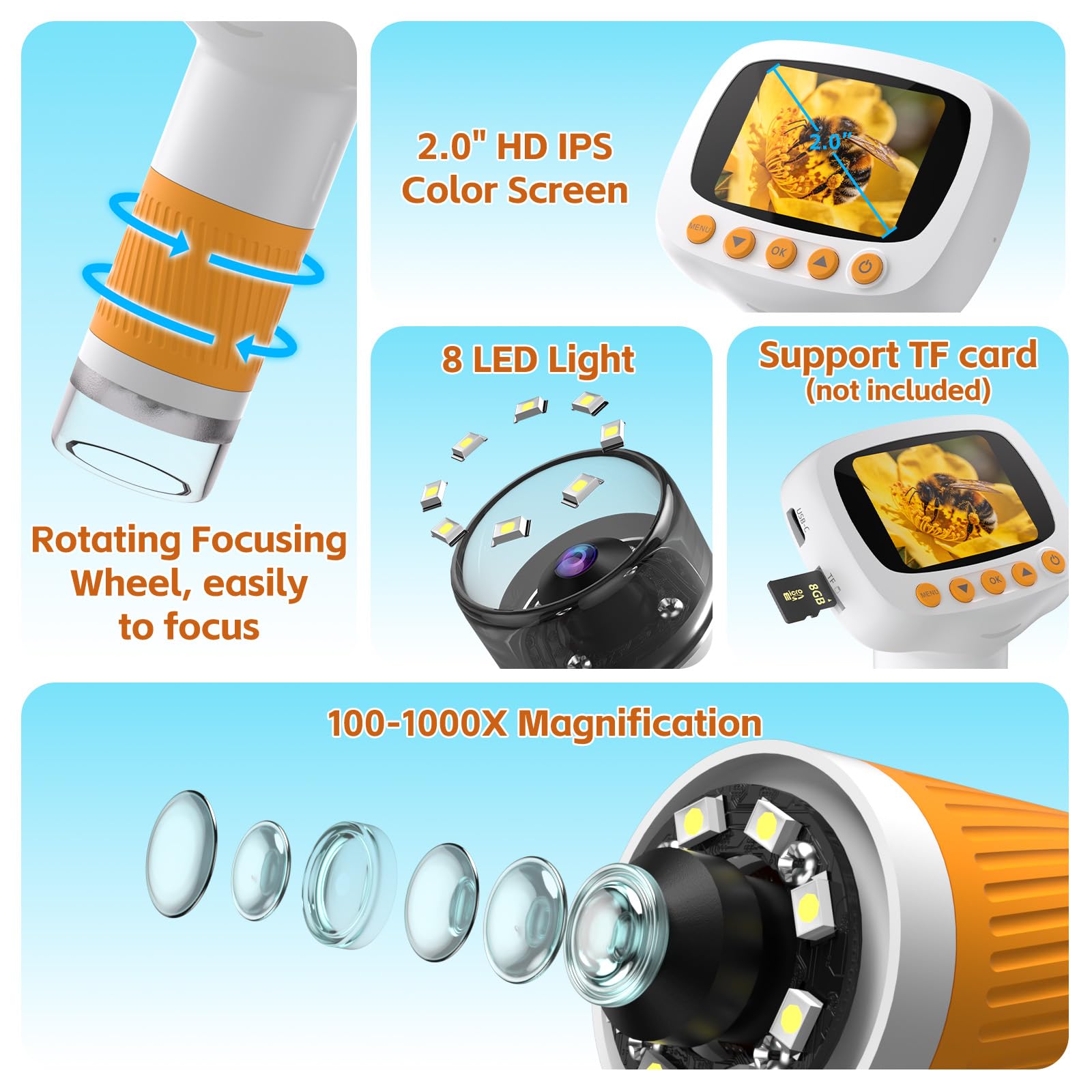 Microscopio de bolsillo para niños de más de 3 años, microscopio de mano 1000X para niños con IPS digital de 2 pulgadas, mini lupa portátil para video fotográfico, digiscopio edu científico, ideas de
