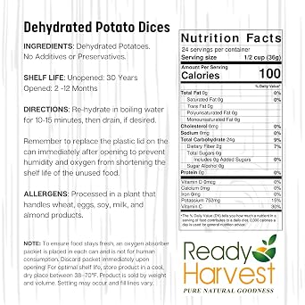 Ready Harvest Dehydrated Potato Cubes Canned Potatoes Dried Potatoes Dehydrated Food for Long Term Storage Camping Supplies Survival Food #10 Tin 25 Year Shelf Life |