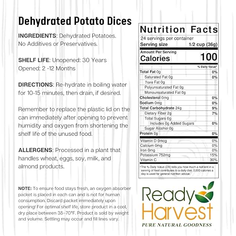 Ready Harvest Dehydrated Potato Cubes Canned Potatoes Dried Potatoes Dehydrated Food for Long Term Storage Camping Supplies Survival Food #10 Tin 25 Year Shelf Life |