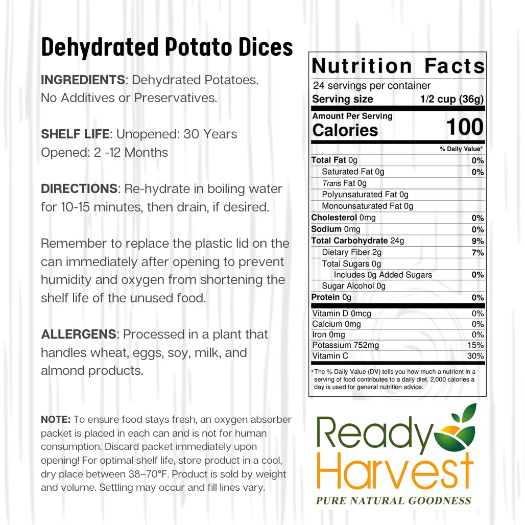 Ready Harvest Cibo disidratato - dadi di patate | Cibo di emergenza | Patate secche | Lattina #10 | Durata di conservazione di 30 anni | Lattine riempite fino in cima