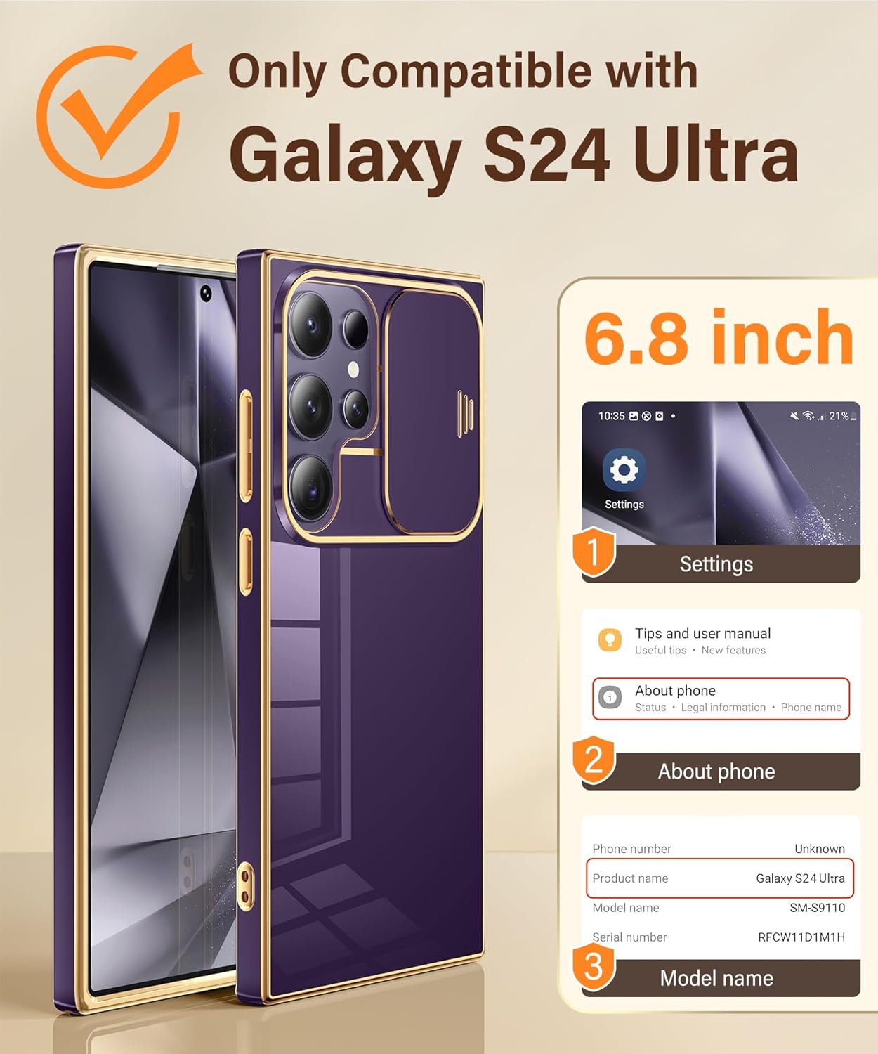 CAPRARO for Samsung Galaxy S24 Ultra Case with Camera Cover, [1x Screen Protector & Slide Camera Cover] Military Grade Shockproof Protective Phone Case for S24 Ultra Case 6.8", Deep Purple