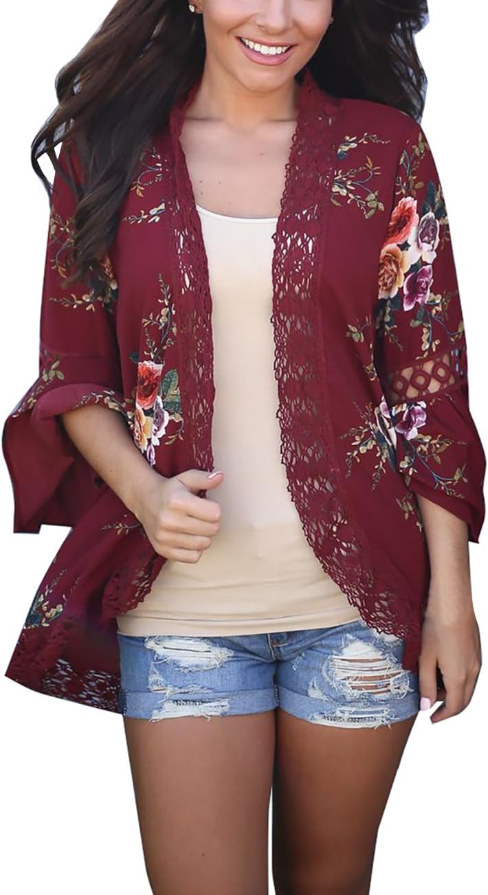 Yieune Chiffon Cardigan Women's Summer Long Sleeve Floral Kimono Shirt (Wine Red XL)