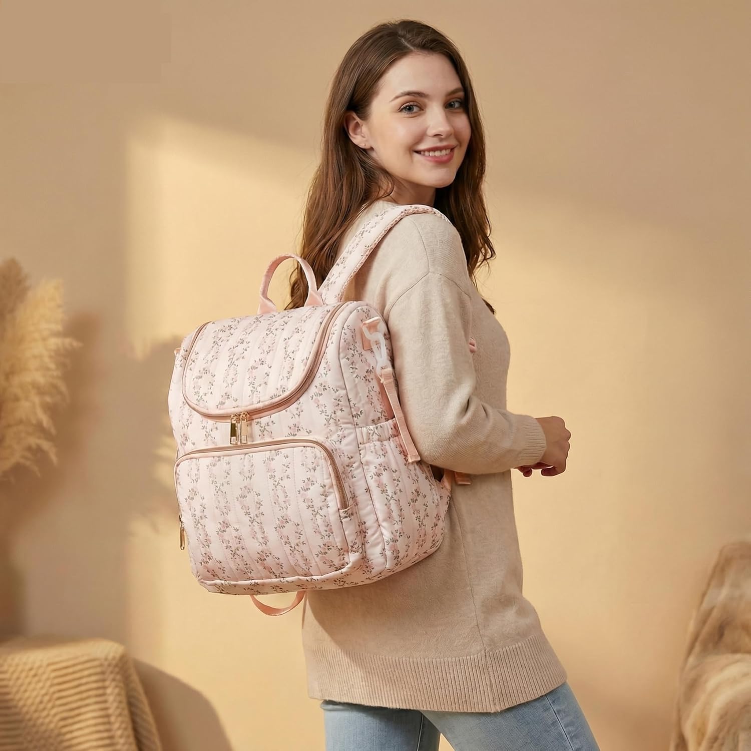 Wickelrucksack Damen, Toile de Jouy Wickeltasche Rucksack, Perfekt für Baby Erstausstattung Neugeborene, Große Windeltasche mit Kinderwagenbefestigung für Mütter (beige rosa blumenmuster)