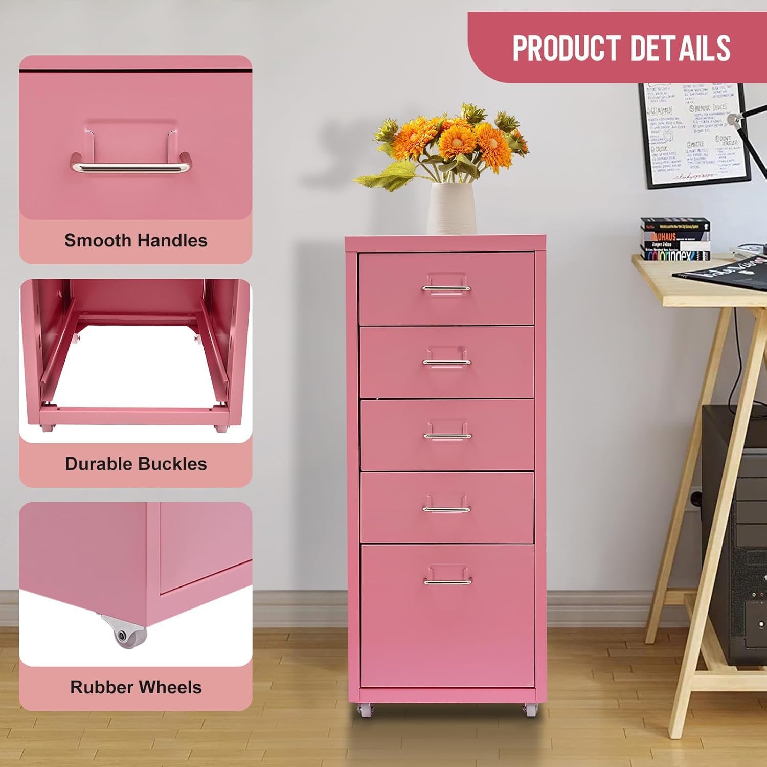 Metal File Storage Cabinet, 5 Drawer Under Desk Filing Cabinets with Wheels, Mobile Home Office Furniture for A4 Legal/Letter Size Wide File-Assembly Required (Pink)