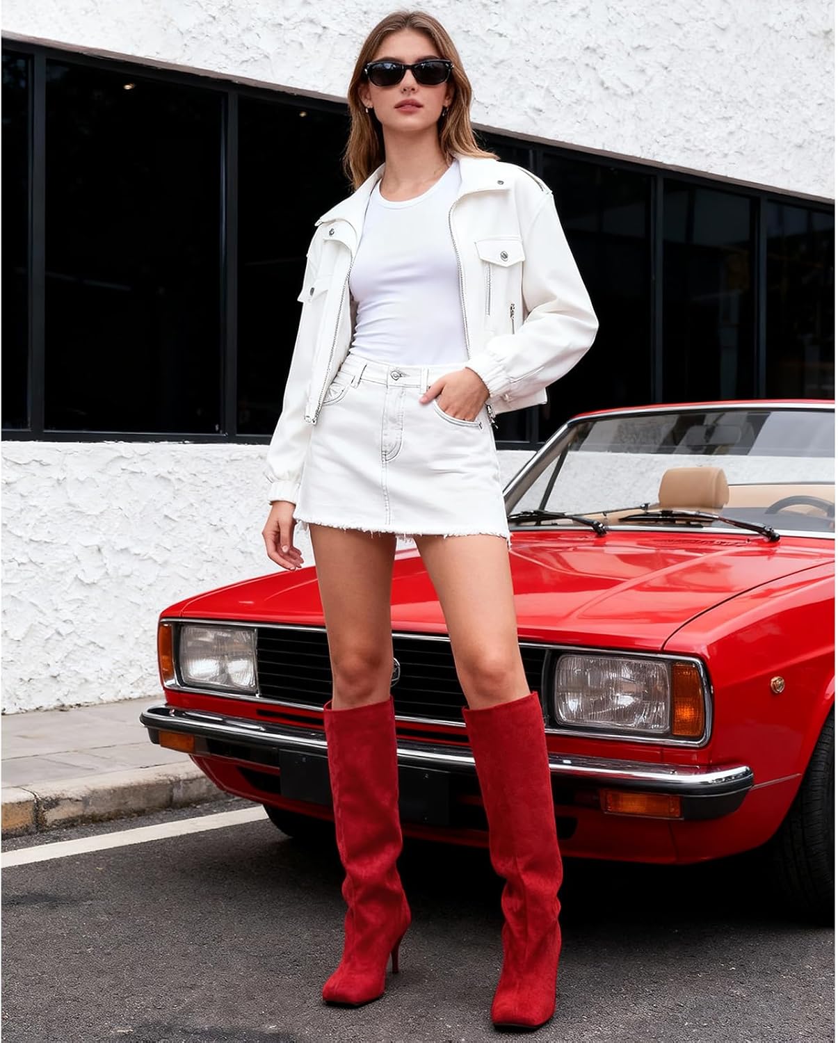 Women's Knee High Suede Boots for Women Wide Calf Square Toe Stiletto Heels Tall Boots Pull On High Heel Long Booties - Image 3