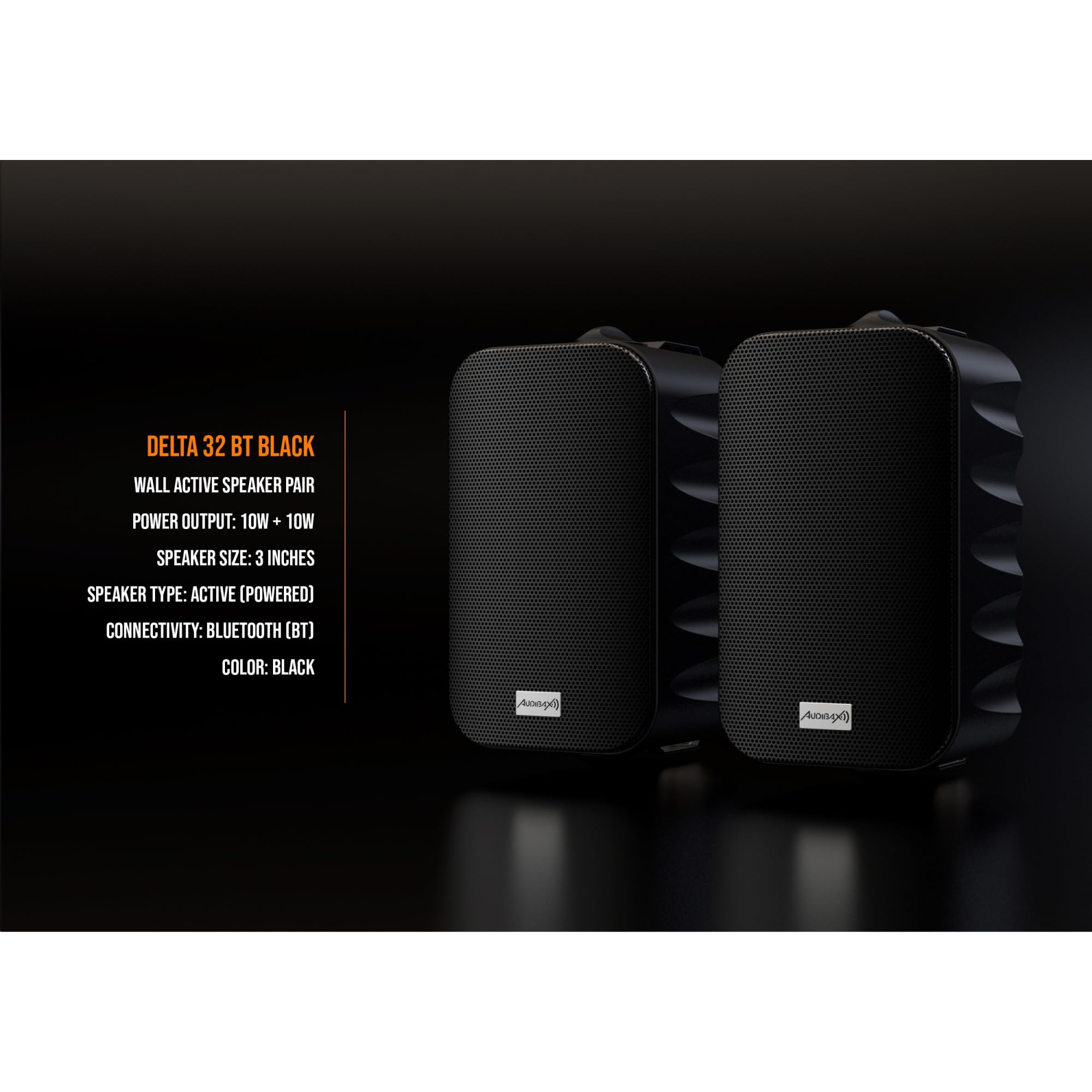 Audibax Delta 32 BT czarna para głośników Bluetooth - wysokowydajne głośniki naścienne - kompatybilne z Bluetooth - wysoki zakres częstotliwości (100 Hz-20 kHz) - dźwięk przestrzenny