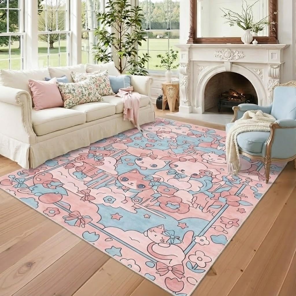 5X7 Area Rugs for Living Room, Machine Washable Non Slip Cartoon Rugs, Low Pile Lightweight Cute Cat Bow Floral Pink Rug for Kids Room,Bedroom, Dining Room