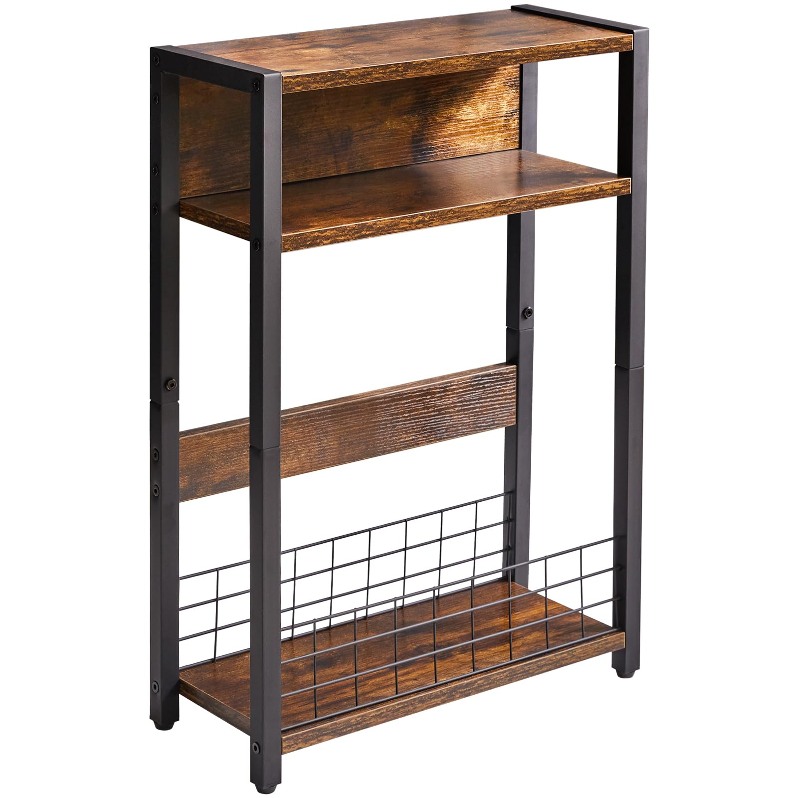IBUYKE Table Fine à 3 Niveaux avec étagère de Rangement,Table d'appoint avec Porte-revues pour Les Petits espaces,Bout de canapé de Style Industriel, Table de Chevet pour Salon, Chambre,Brun TMZ001H