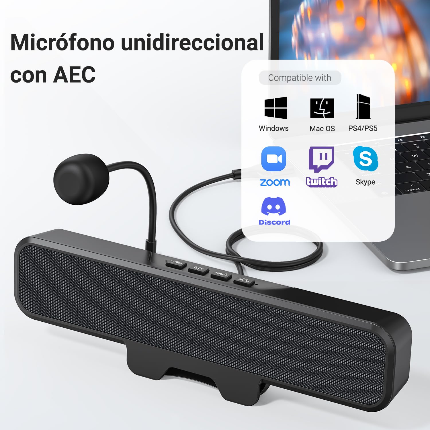 INGA Altavoces PC con Mic. Desmontable, Plug and Play, Silencio 1 Toque, Estéreo y Graves, Fácil fijación al Monitor, Compatible PC, Mac, Portátil