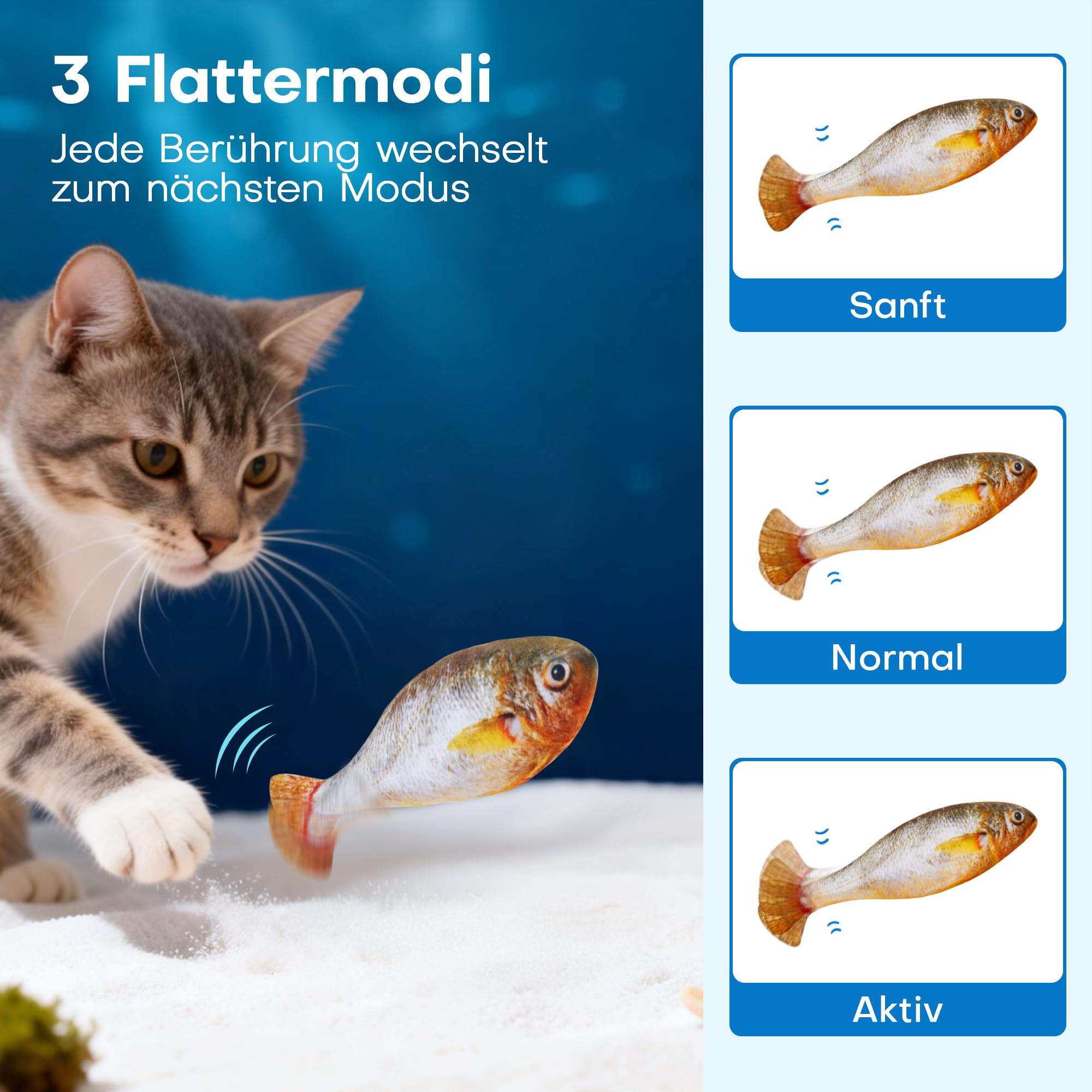 Potaroma Katzenspielzeug, interaktives elektrisches flatterndes Fisch-Spielzeug 3er-Set, wiederaufladbar mit Katzenminze & 3 Flattermodi, 18 cm, Stabiler Plüsch, automatische Bewegungsaktivierung