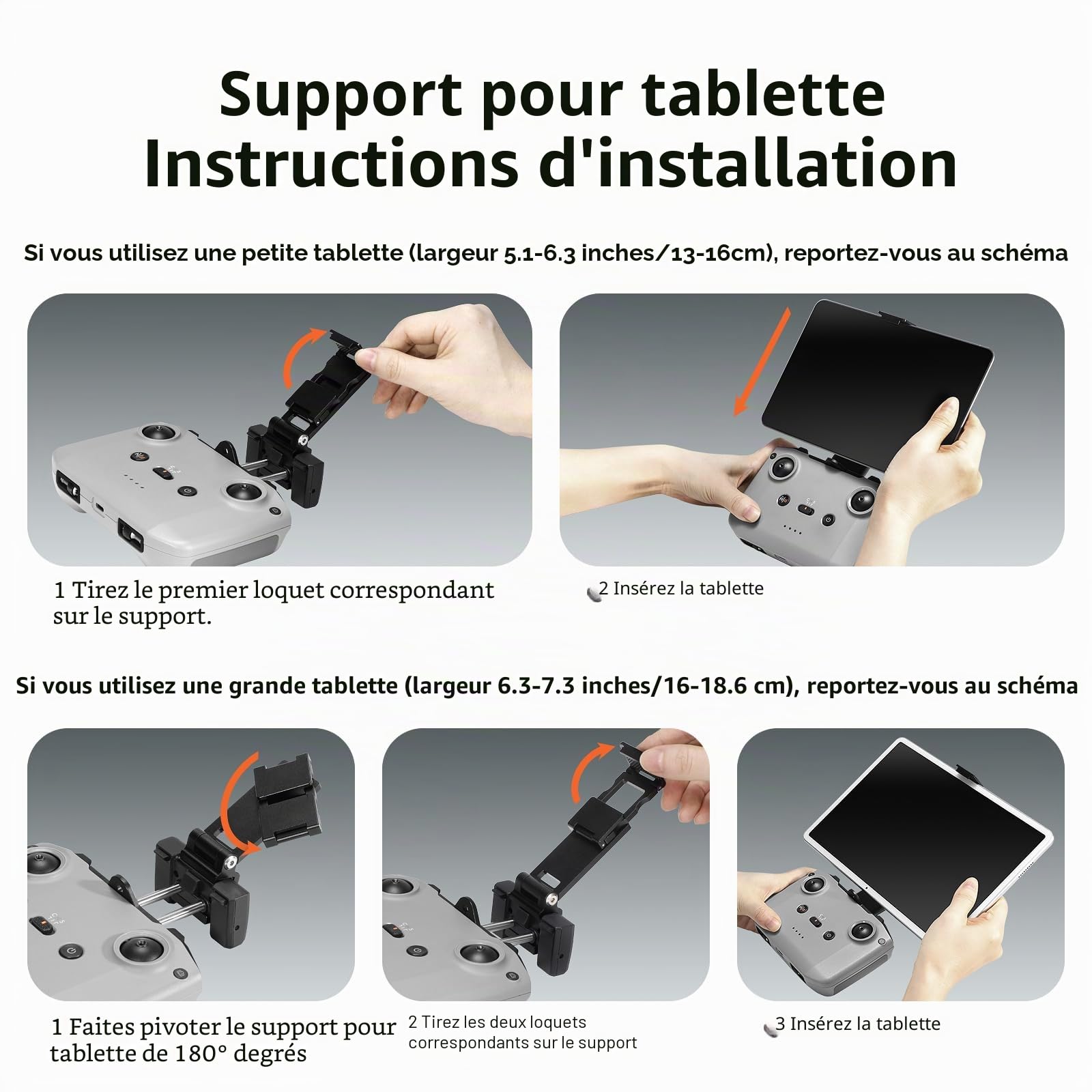 FPVtosky Support de Tablette démontable pour DJI Lito 1/ X1 /Mini 5/4 Pro/Mini 4K/Neo 2/Flip, Support de Montage Pliable pour iPad de 7-12 Pouces, Comprend Un Collier et 2 câbles pour DJI RC-N1/N2/N3