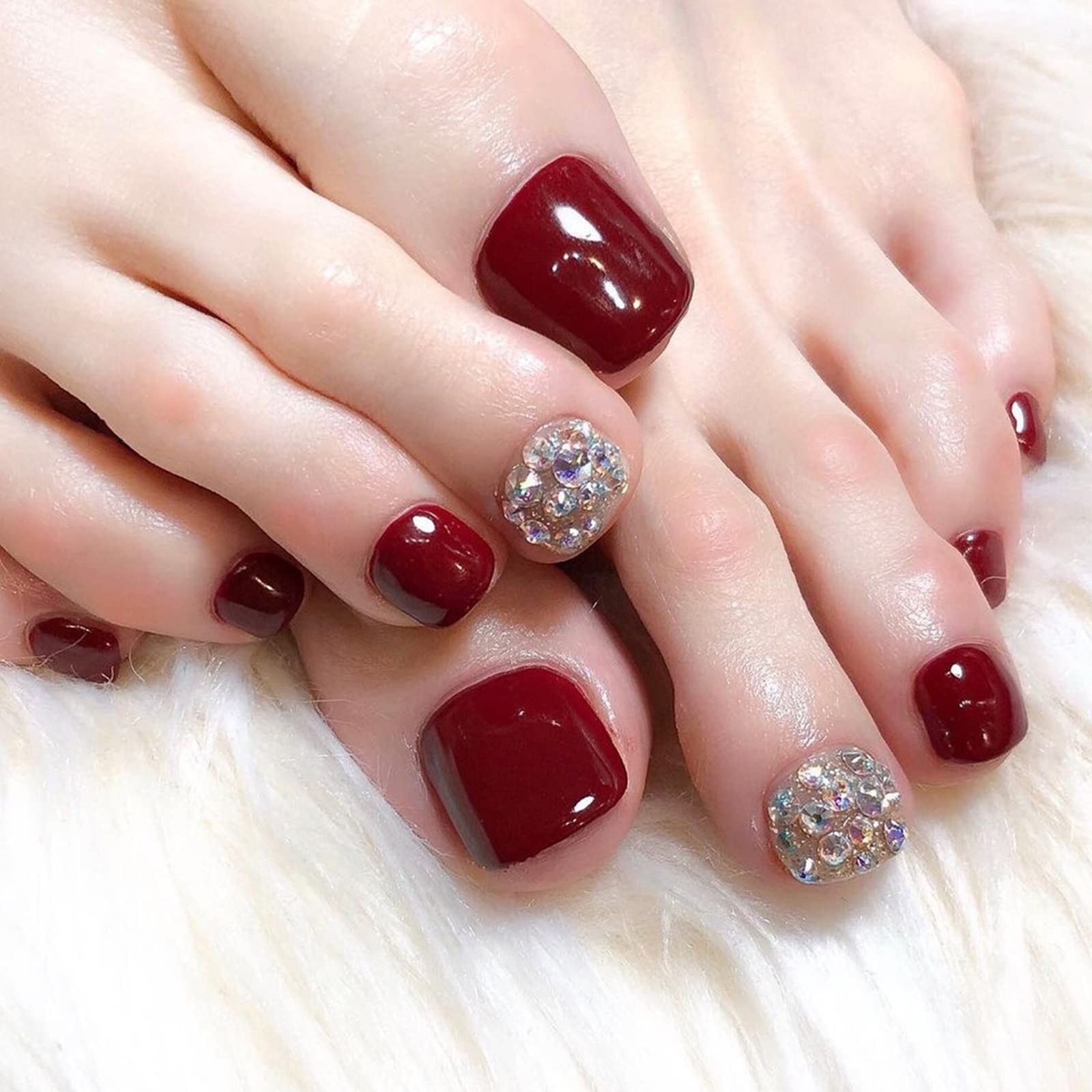 Yatinkim Red Press on Nails Fake Toe Nail Rhinestone Design