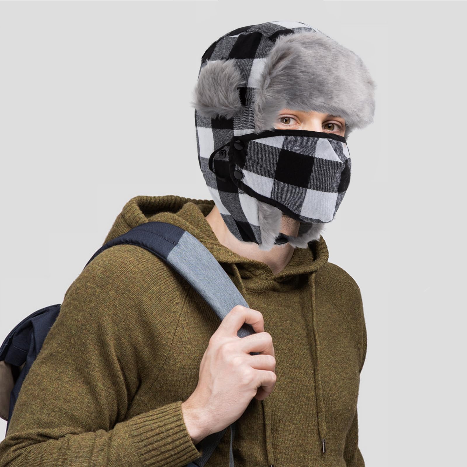 nonmon Sombrero de Trampero Unisex Impermeable Invierno Cálido Gorro de Aviador Ruso Bombardero de Piel Sintética con Orejeras y Mascara para Hombres Mujers Actividades al Aire Libre Esquí