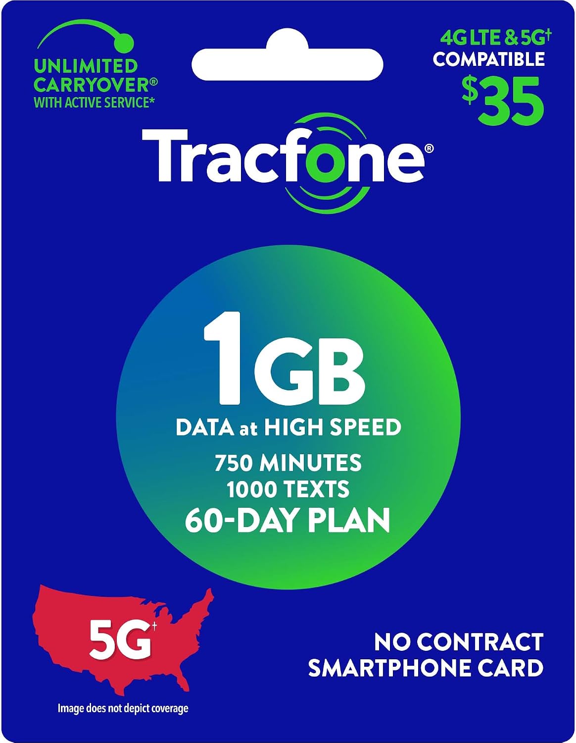 TracFone $35 750 Min, 1000 Text, 1GB Data 60–Day Plan [Physical Delivery]