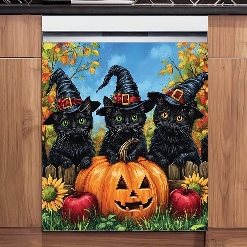 Black Cat with Wizard Hat Vinyl Dishwasher Magnetic Cover Decal, Halloween Pumpkins Magnet Refrigerator Panel Cover, Happy Halloween Home Appliances Fridge Decals Sheet Easy Update, Magnet 23"x26"