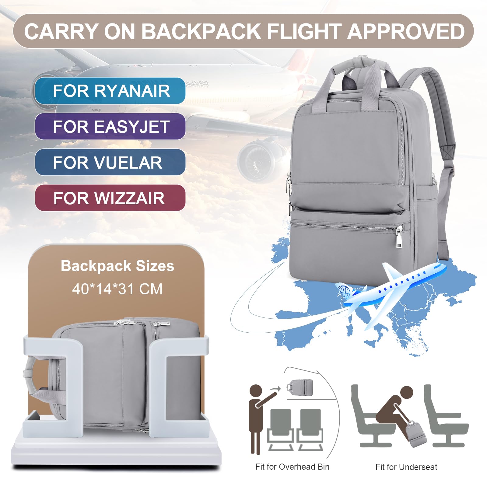 UPPACK Zaino Ryanair 40x20x25 Zaino Da Viaggio aereo Bagaglio a Mano Donna Zaino Borse da Cabina Borsa da Viaggio aereo Zaino per PC Impermeabile Casual Daypack