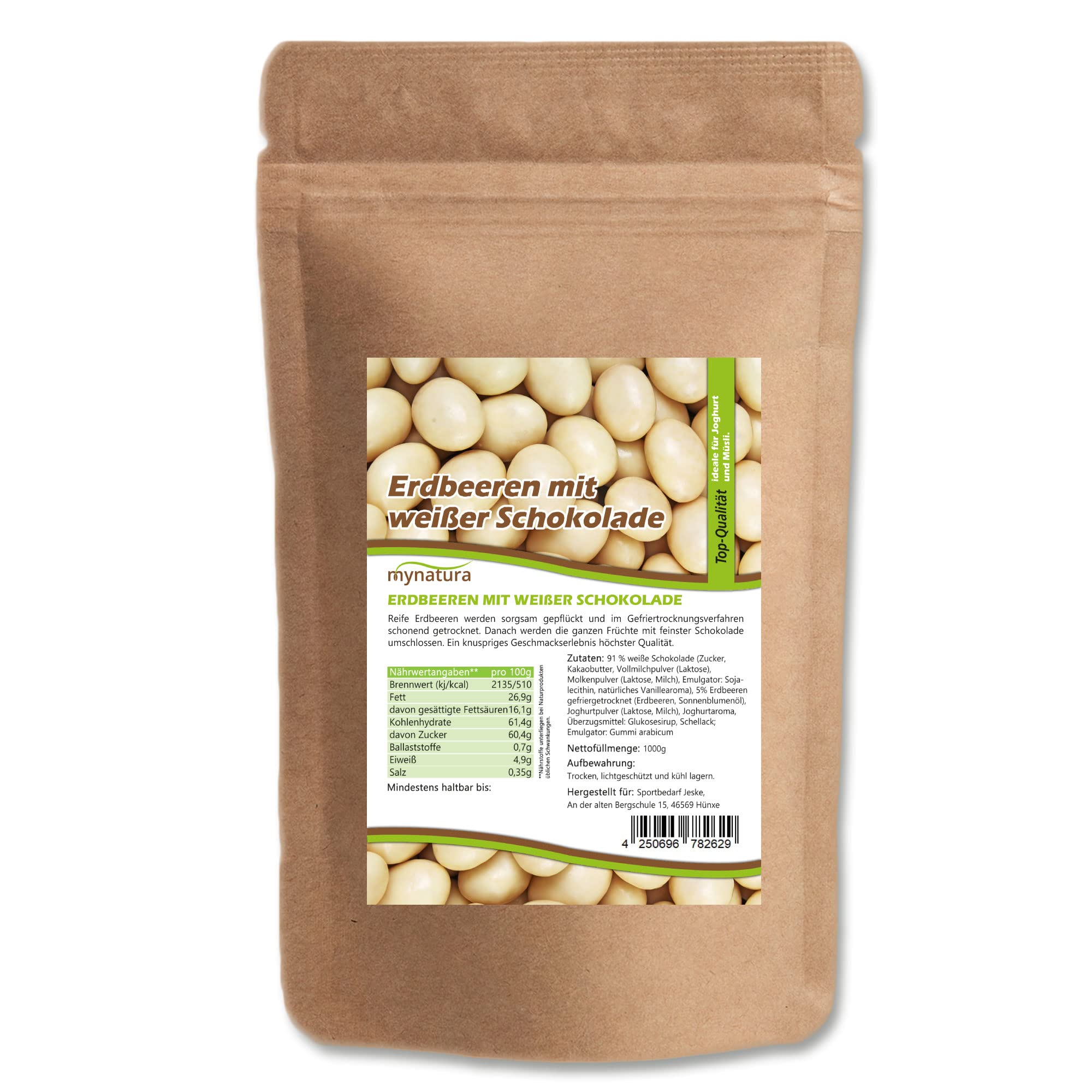 Mynatura Erdbeeren, gefriergetrocknet, in weißer Schokolade I Erdbeeren I umhüllt von Schokolade I Müsli I Snack I Süß I Beutel (1x 1000g)