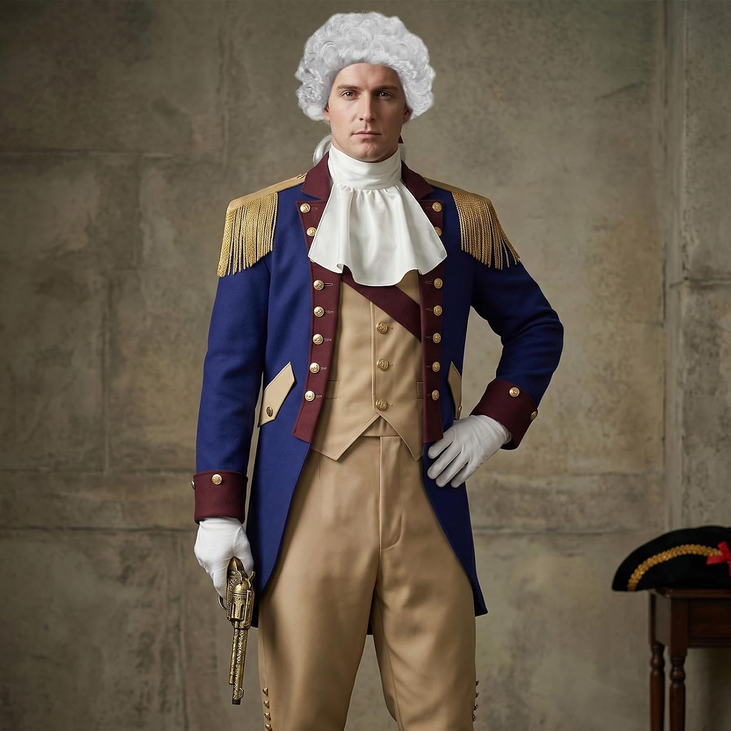 Founding Father Costume Set Colonial Costume for Men with Wigs Captain's Cap Accessories Revolutionary War Outfit