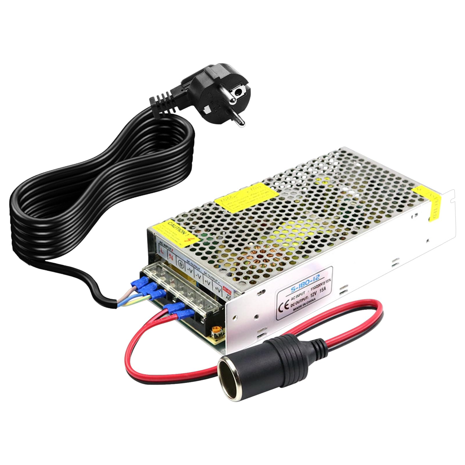 Convertisseur Tension 15A Adaptateur Voiture 180W 15A - Convertisseur 230V Vers 12V Avec Prise Allume-cigare - Pour Glacière, Compresseur, Gonfleur Convertisseur 230V 12V