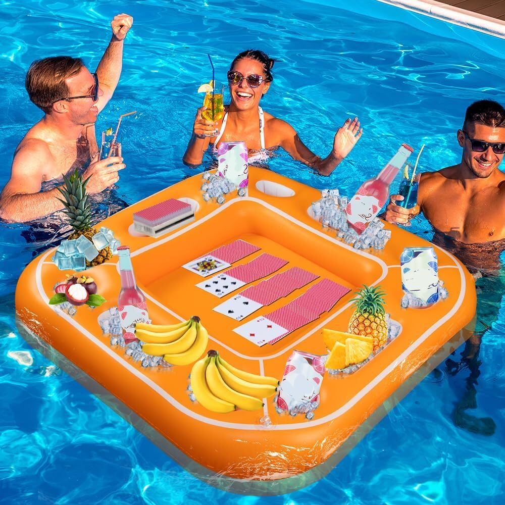 Table de jeu de cartes flottante gonflable, plateau flottant avec porte-boisson et collation, cartes à jouer étanches pour la plage et les fêtes d'été