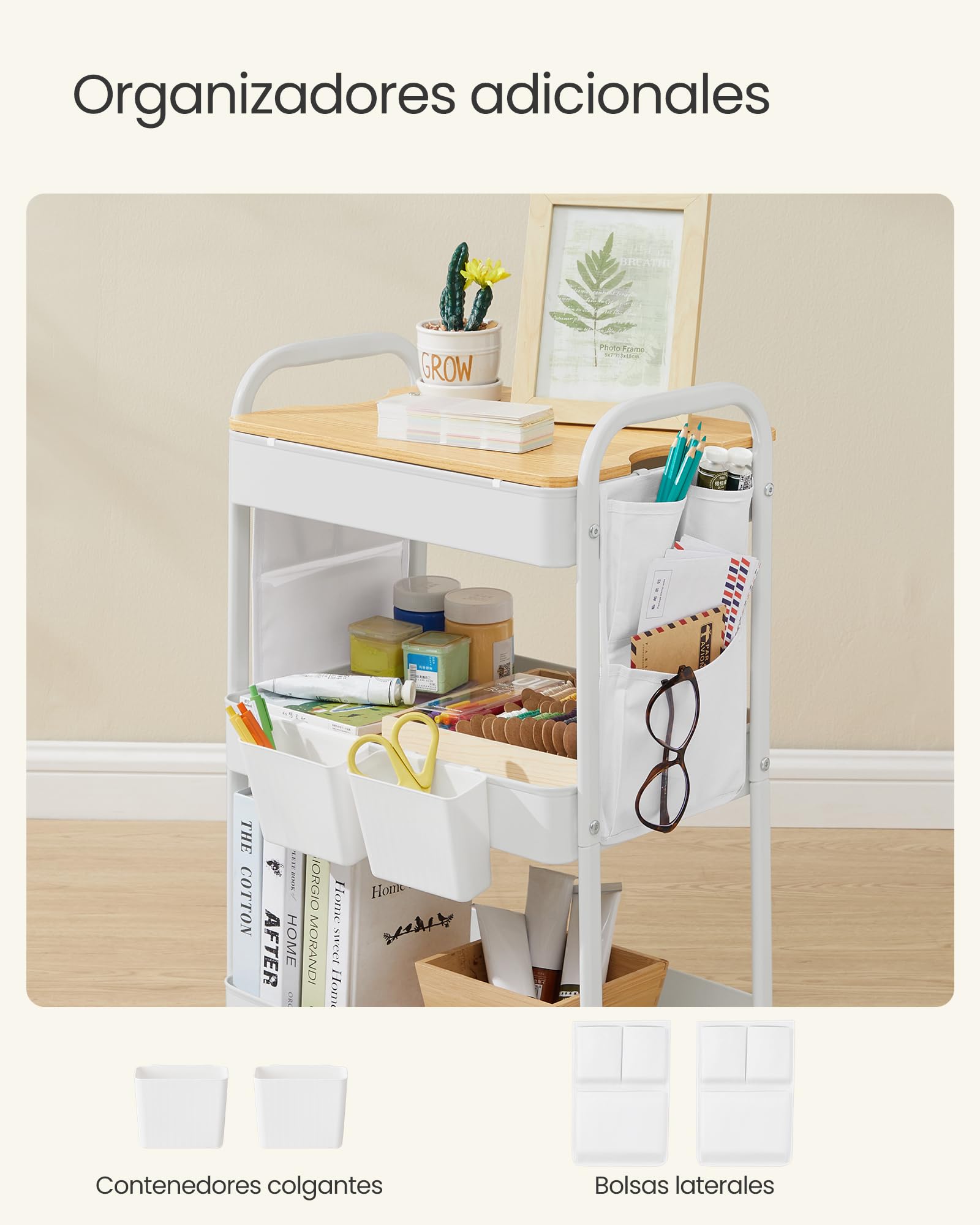 SONGMICS Carro de 3 Niveles, Carro con Estante, 2 Contenedores Colgantes Extraíbles, 6 Bolsillos Laterales, para Sala de Estar, Estudio, Cocina, Baño, Blanco Nube LRC036W01
