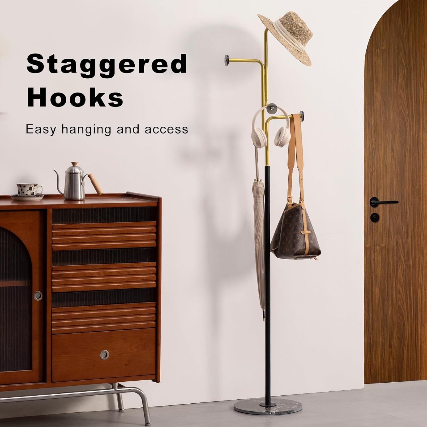 Coat Rack Metal Clothes Rack with Mable Base Coat Tree for Hats Bags Office Bedroom Entryway Living Room 12.6 x 12.6 x 70.08 inches (Gold)