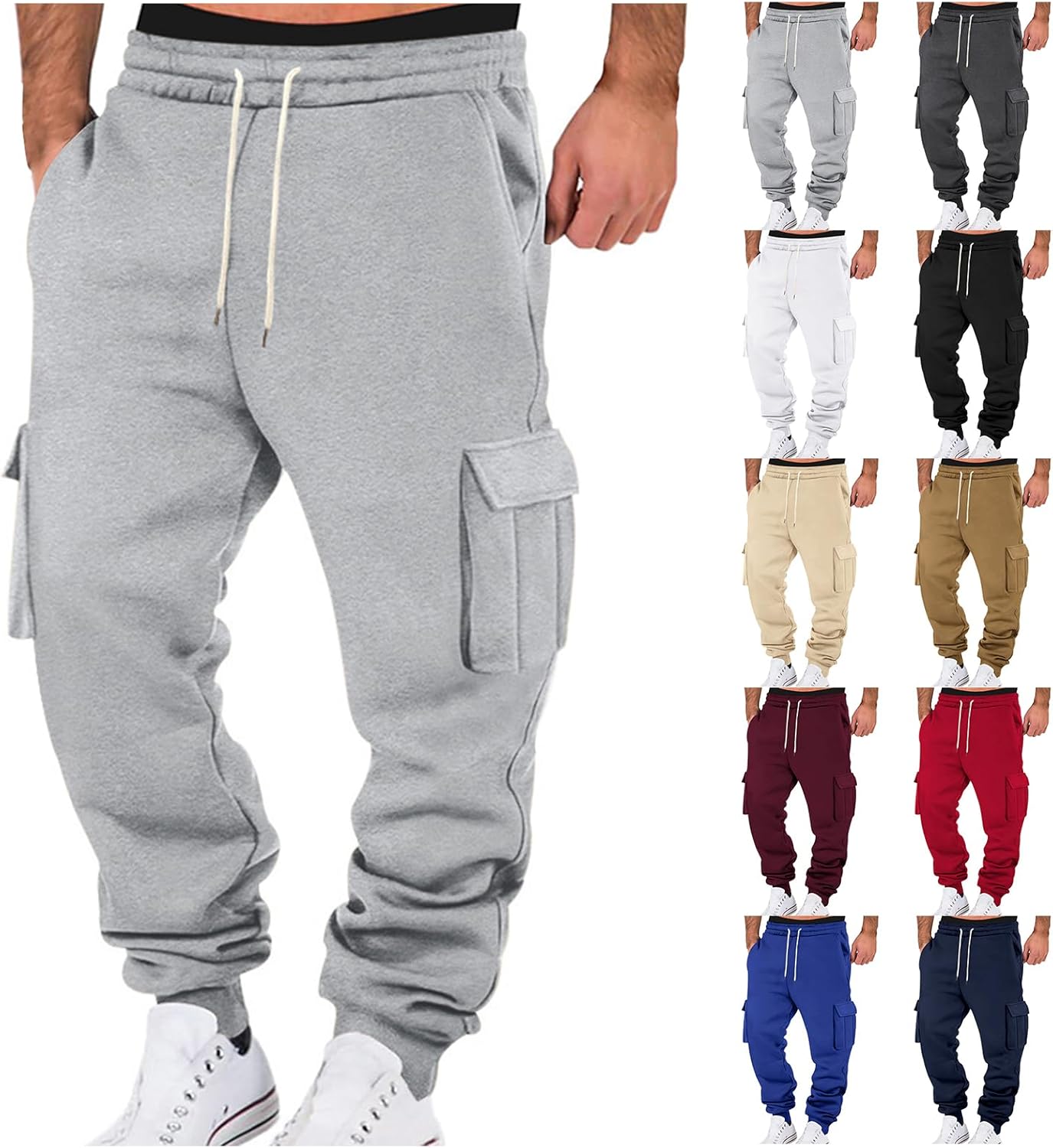 Mens Cargo Sweatpants Fall Winter Casual Fleece Joggers Pants Athletic Workout Hiking Sweat Pants Cozy Stretch Trousers