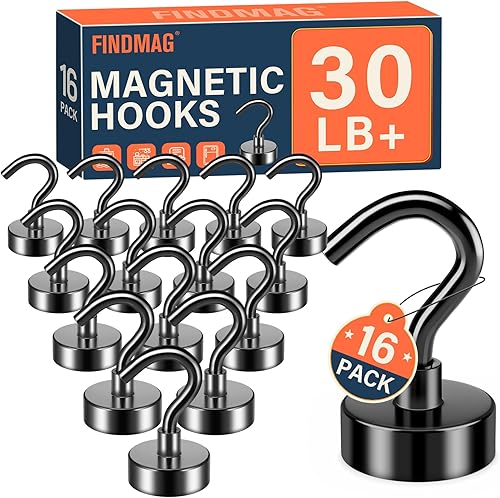 FINDMAG Paquete de 16 ganchos magnéticos, ganchos magnéticos de neodimio negro, ganchos magnéticos fuertes de 25 libras para colgar, imán con