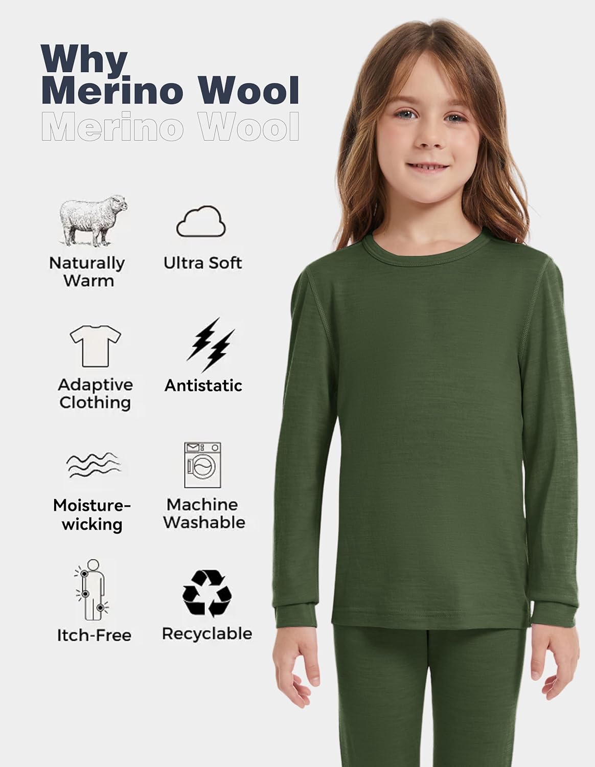 Kids Unisex 100% Merino Wool Base Layer Tops Lightweight Thermal Underwear Shirt